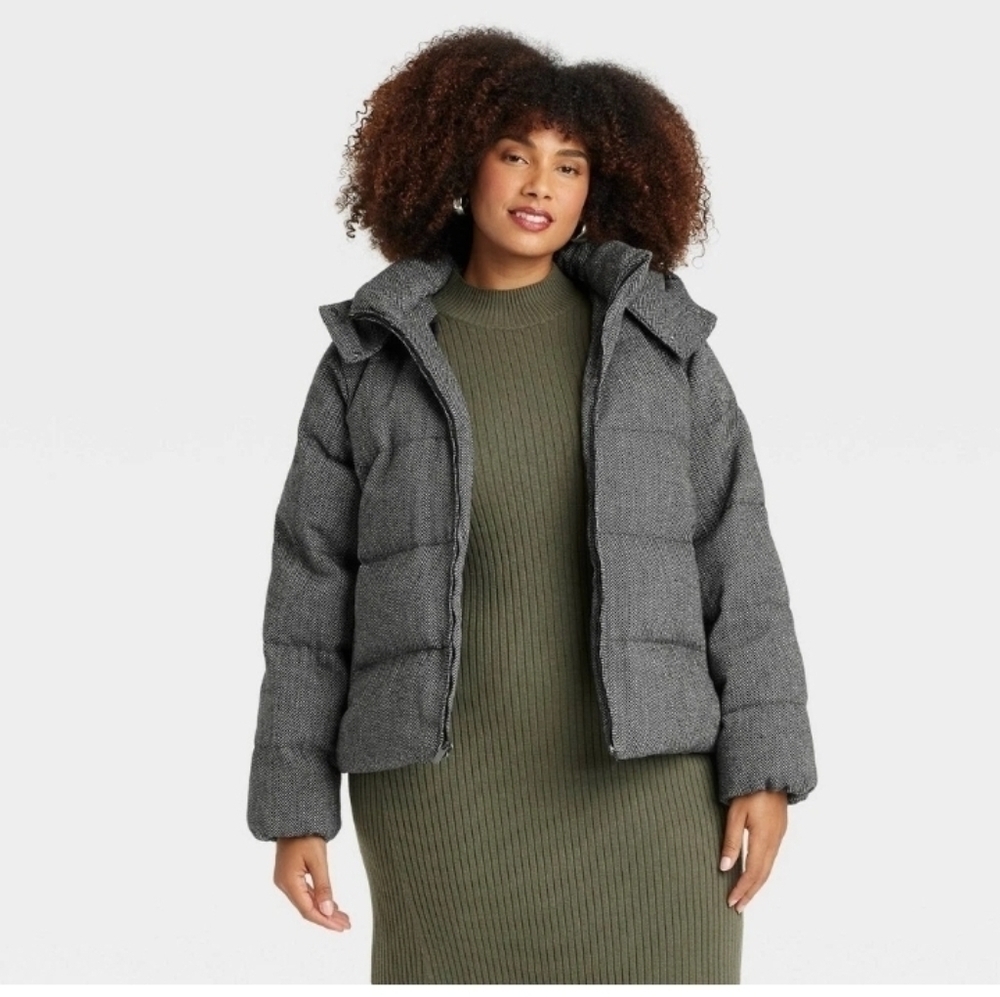A New Day Women's Hooded Puffer Jacket Gray Herringbone